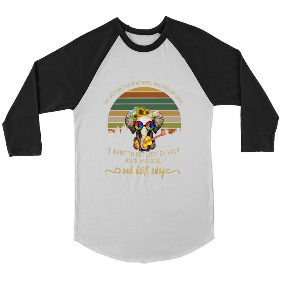 Oh, Give Me The Beat Boys, And Free My Soul I Want To Get Lost In Your Rock And Roll And Drift Away, Peace Sign, Elephant Classic Floral Design – Canvas 3/4 Raglan Shirt