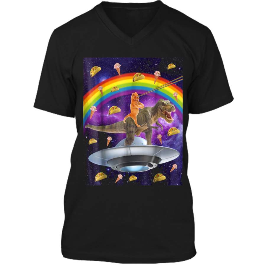 Taco Kitty Rainbow Laser Eye T-Rex Riding Space Cat  Mens Printed V-Neck T