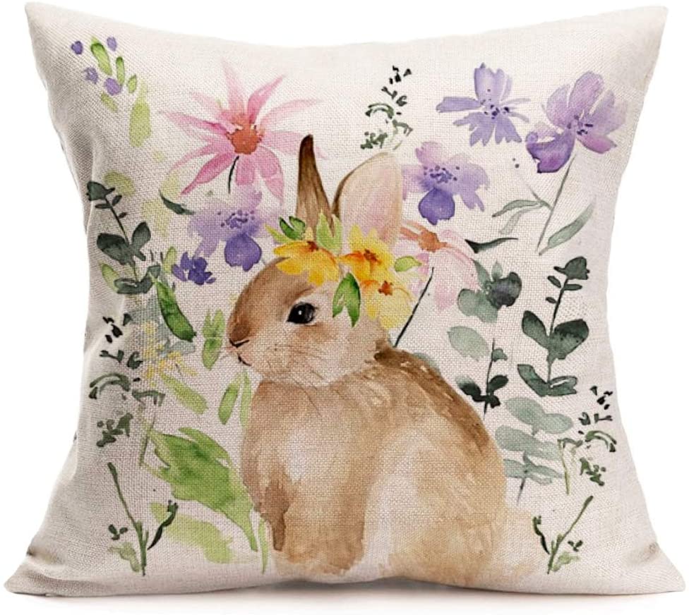 Asminifor Throw Pillow Covers Colored Spring Flower Grass Around The Rabbit Printed Decorative Pillow Case Cushion Cover Home Decoration Cotton Linen Pillow