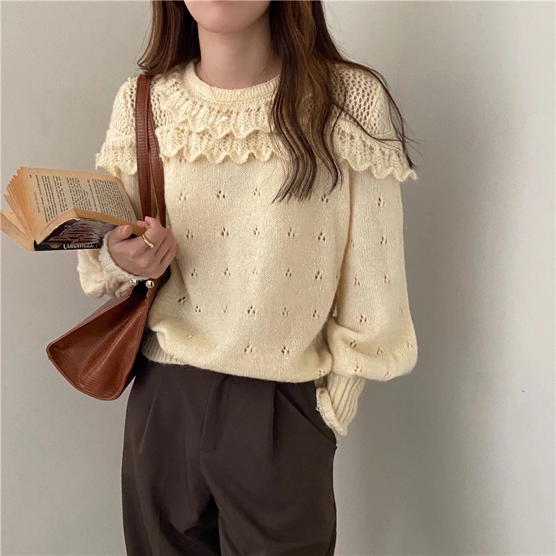 Women New Korean Solid Knitted Sweater Retro Lantern Sleeve O-Neck Loose Pullovers alx