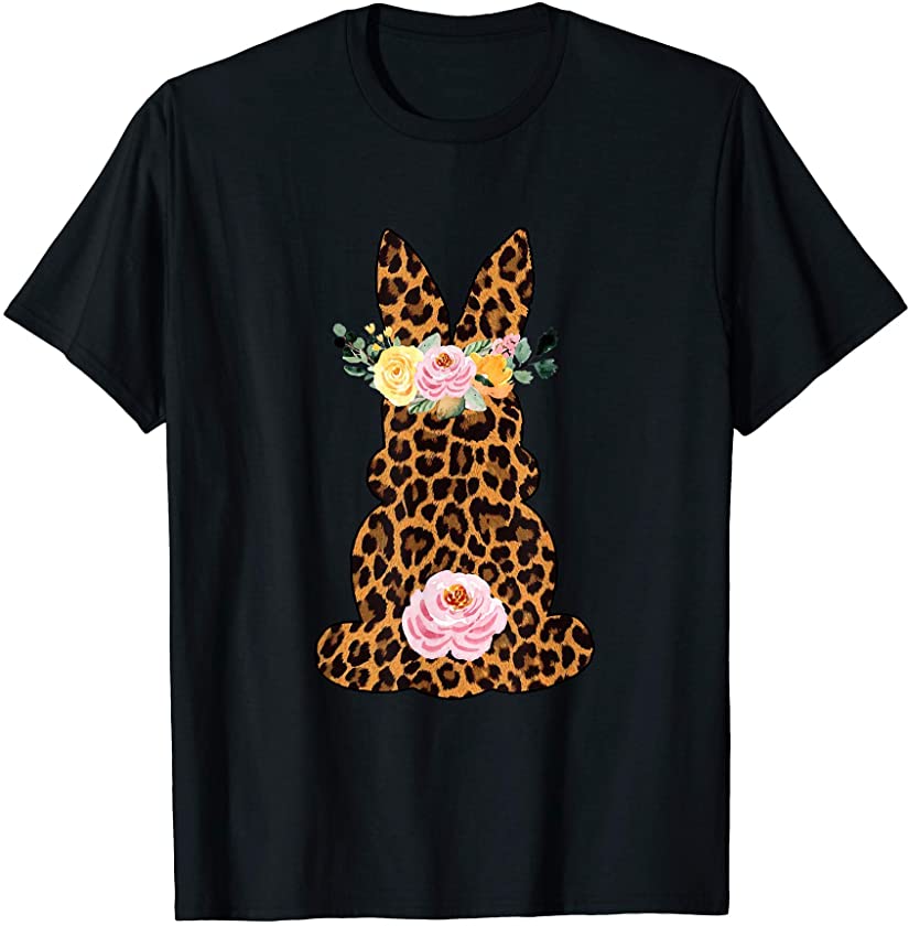 Novelty Easter Bunny Shirt Leopard Bunny Flower Women Girls T-Shirt