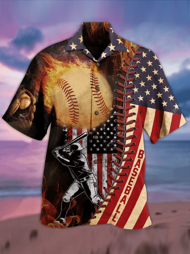 Vintage Us Flag Baseball Player Hawaii Aloha Shirts Dh Ha84840