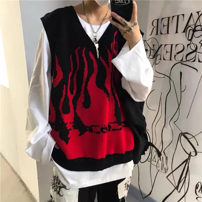 Couples Knitted Vest Sweater Autumn Hit Color Flame Sleeveless V Neck Woman’s Vests 2022 Loose Waistcoat Chic Oversized Sweaters alx