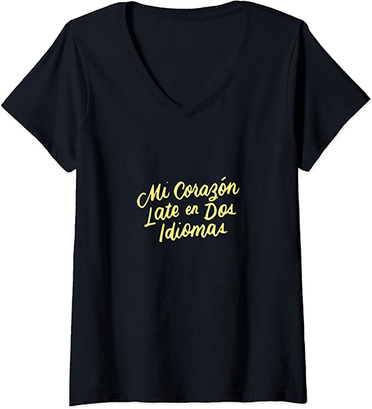 Womens Mi Corazon Late En Dos Idiomas Bilingual Spanish Teacher V-Neck T-Shirt