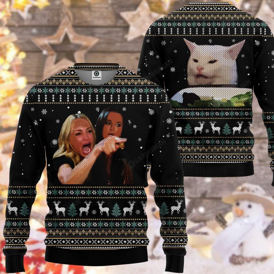 3D Ugly Woman Yelling At A Cat Custom Tshirt, Christmas Sweater, Ugly Meme Cat Girl Sweater, Cat lover Sweater, Christmas Meme Hoodie gift for couple, ugly meme Christmas idea gifts