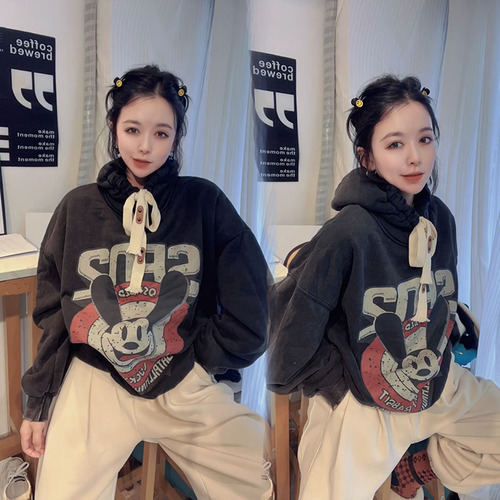 Cartoon Hooded Pullover Tops for Ladies Winter Fashion All-Matching Brushed Hoody Sweatshirt for Women Casual Pullover Tops alx