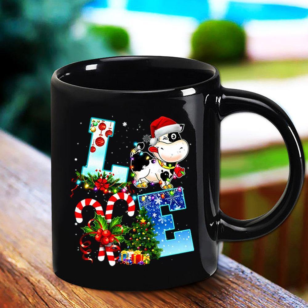 Cute Cow Love Christmas Candy Cane Lovers Xmas Tree Gift Ornament Light Funny Happy Time Black Mug