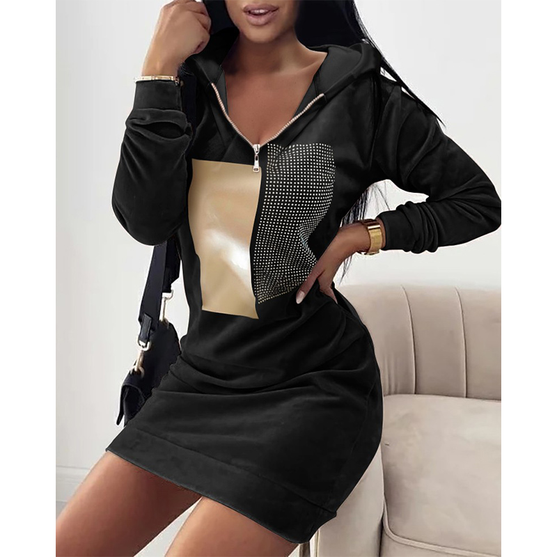 Autumn Winter 2022 Heart Pattern Zipper Design Velvet Hooded Long Sleeve Sweatshirt Dress Women Casual Streetwear Y2K Clothes alx