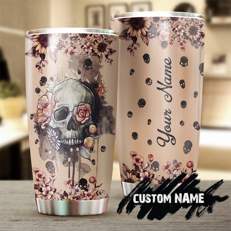 Skull Pink Roses Romantic Personalized Tumbler-Skull Tumbler-Skull Birthday Gift Christmas Gift For Her Mother’S Day Gift For Mom