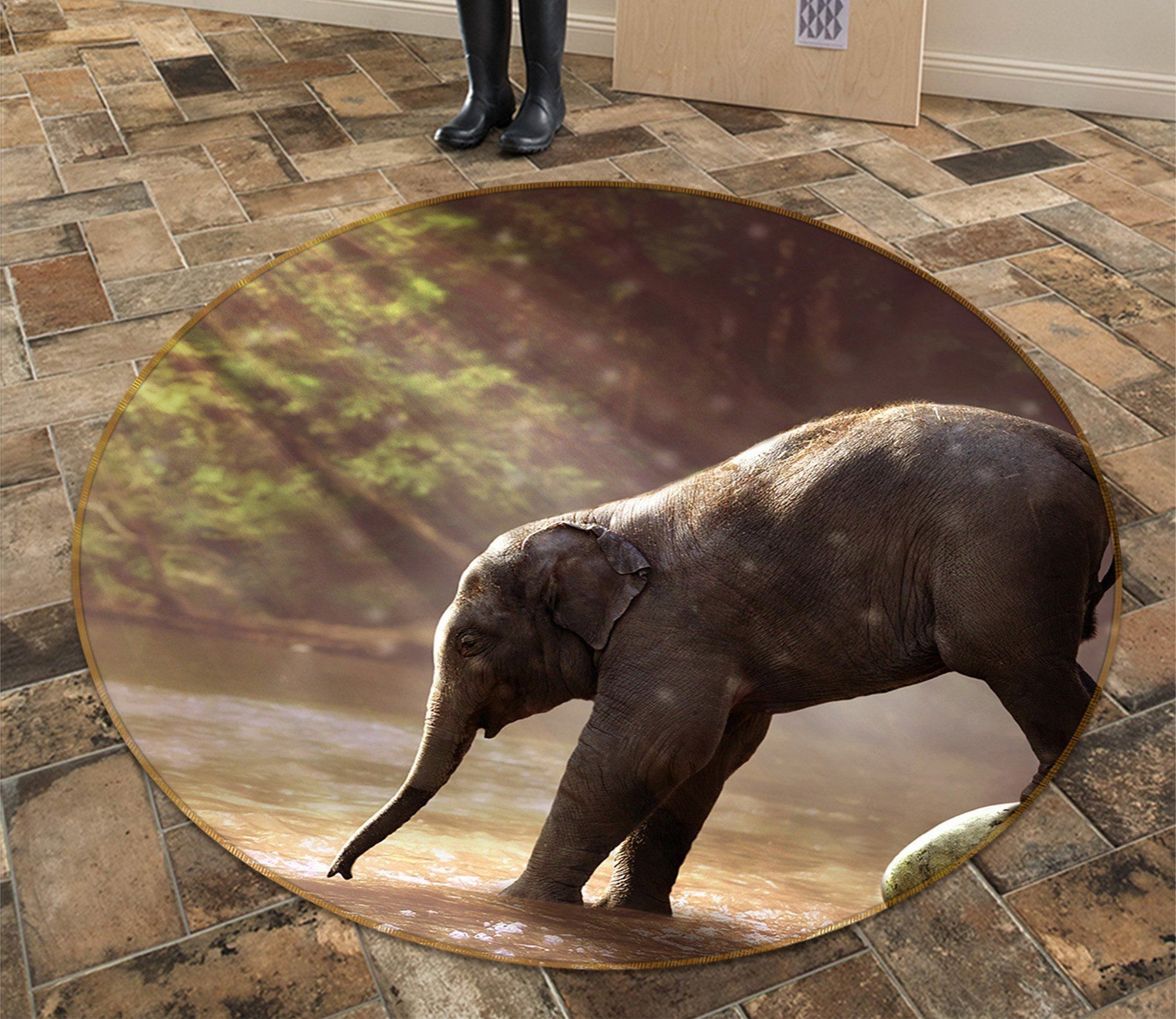 3D Baby Elephant Walking Down Water Round Rug – Round Carpet Home Decor