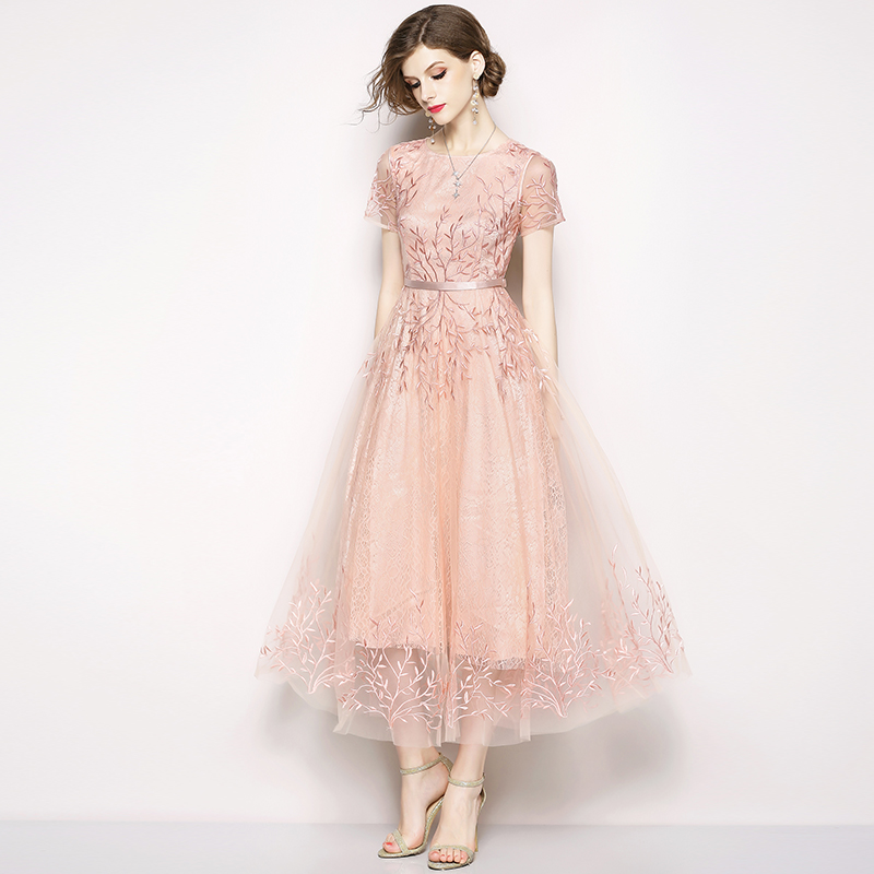 Sparkle Flower Embroidery Evening Party Dresses Women Short Sleeve O-Neck Long A-Line Mesh Dresses Elegant Pink Tulle Maxi Dress alx