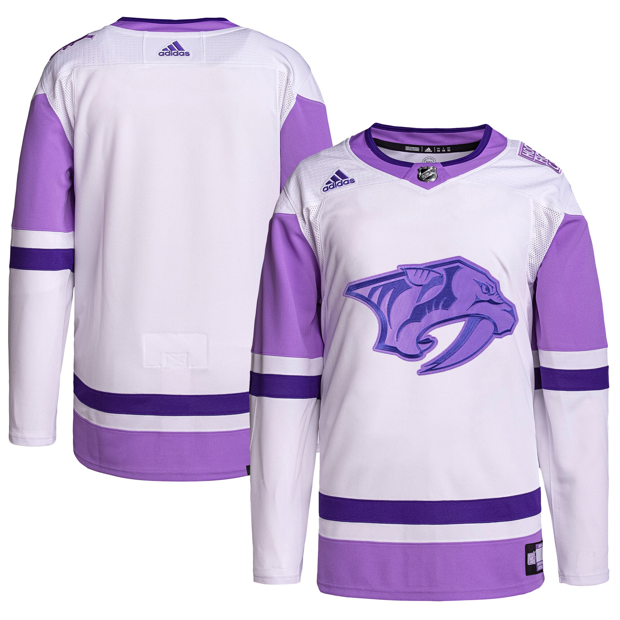 Men's Nashville Predators adidas White/Purple Hockey Fights Cancer Primegreen Authentic Blank Practice Jersey