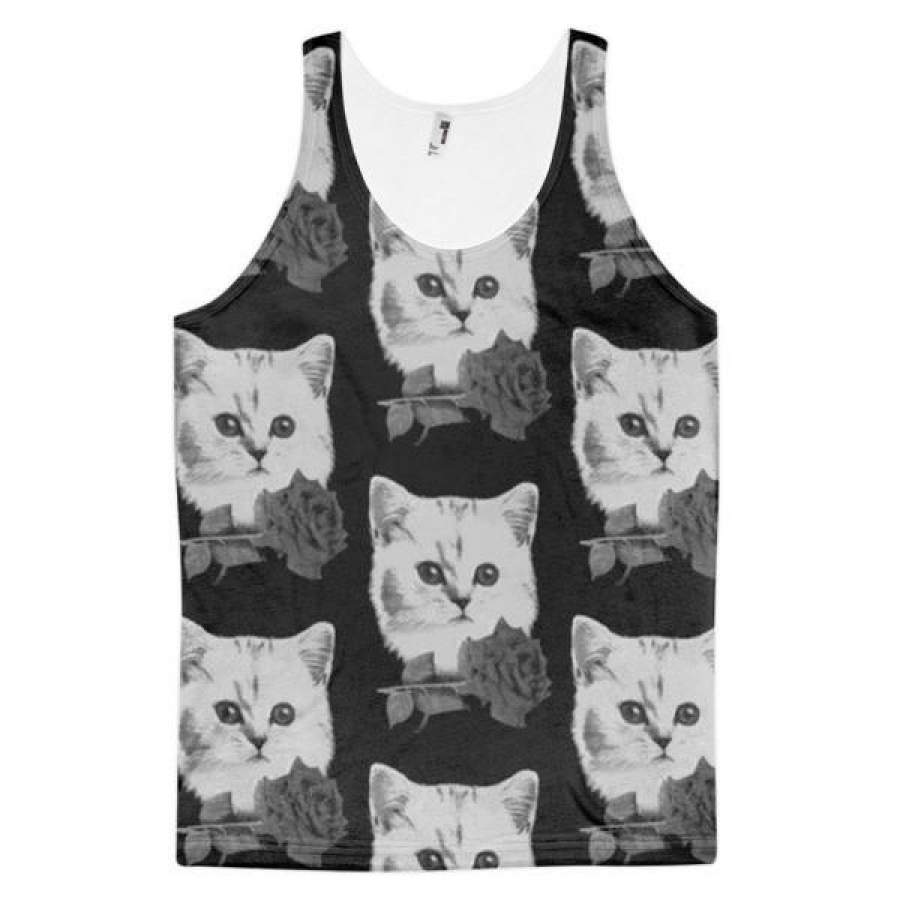 Cats & Roses Cat Lover Flower Kittens Funny Dye Sublimation All Over Print 3D Full Print Cotton Polyester Unisex Novelty Black & White Tank Top