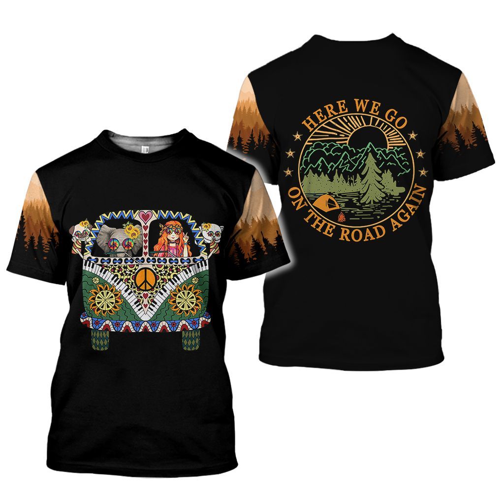 Hippie A Girl And Her Animals Live Happily Love Peace Elephant Here We Go On The Road Again Camping 3D T Shirt G95