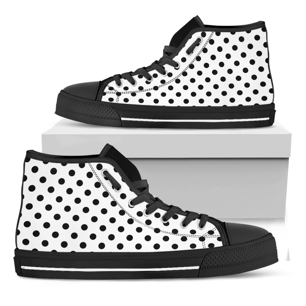 White And Black Polka Dot Pattern Print Black High Top Shoes