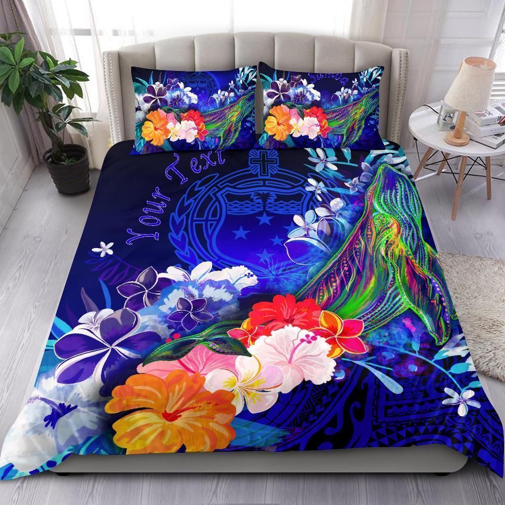 Alohawaii Bedding Set – Cover And Pillow Cases [Custom] Samoa – Humpback Whale With Tropical Flowers (Blue)- Bn18