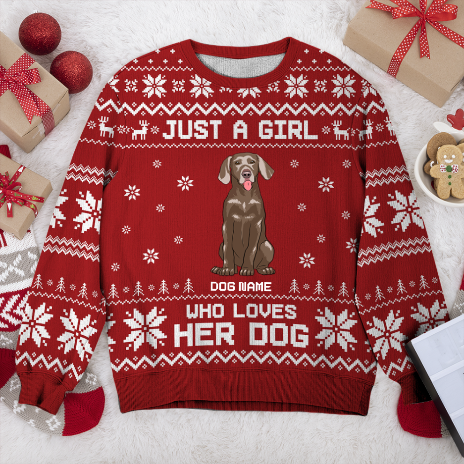 Weimaraner Just A Girl Personalized Sweater, Dog Ugly Christmas Sweater