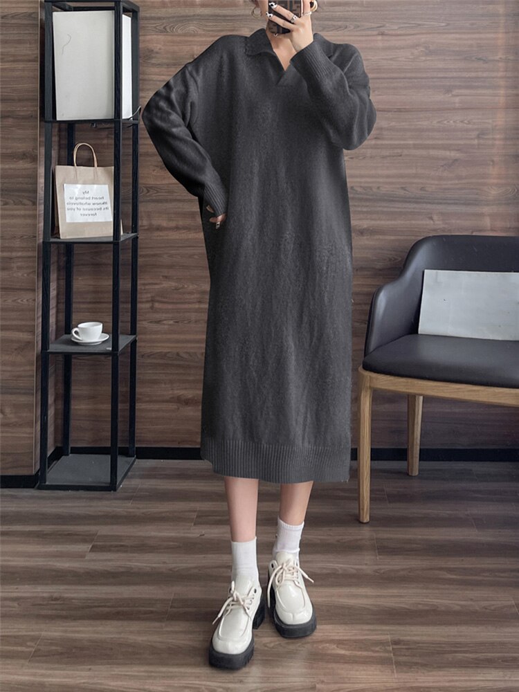 Syiwidii Winter Thicken Warm Knitted Long Dresses for Women Autumn 2022 Turn Down Collar Oversized Loose Elegant Sweater Dress alx