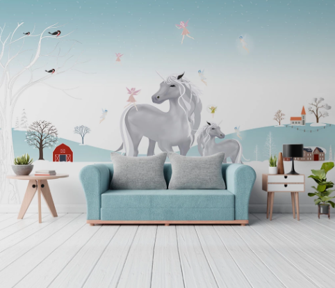 3D Cartoon Animal White Horse Wall Mural Wallpaper Lqh 610