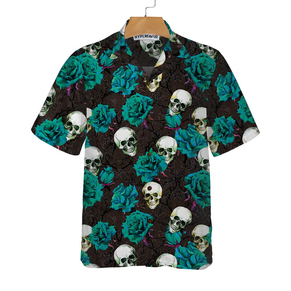 Skulls Rose Branches Hawaii Blue Roses And Gothic Skull Shirt For Men Women Ha23753