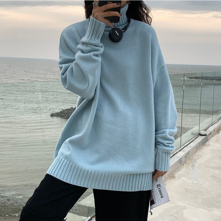 Women’s knitting wool high neck pullover 2022 winter solid loose knit coat youth winter thickened warm top college style sweater alx