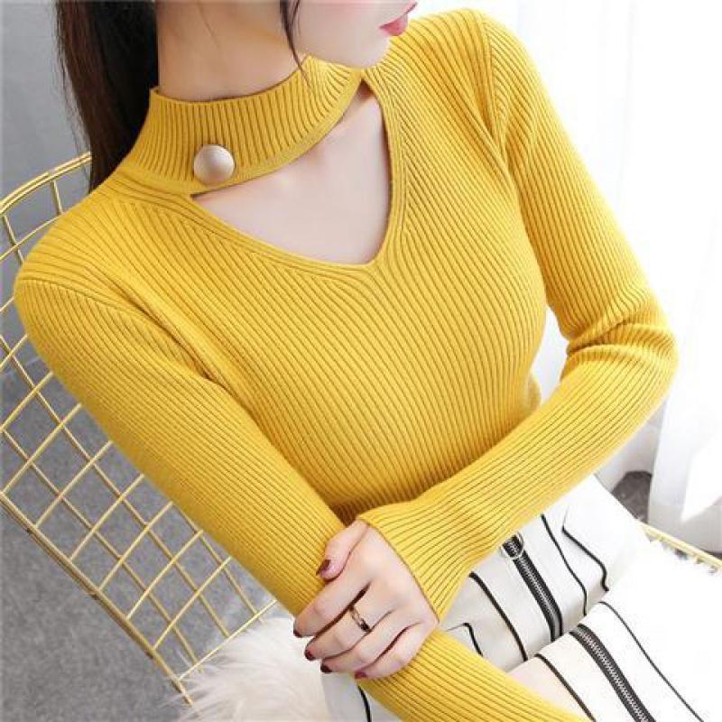 Woman’s Hollow Halter V-neck Solid Color Long Sleeve Sweater Ladies Sexy Slim Pullover Knitted Bottoming Top 2022 Spring Autumn alx