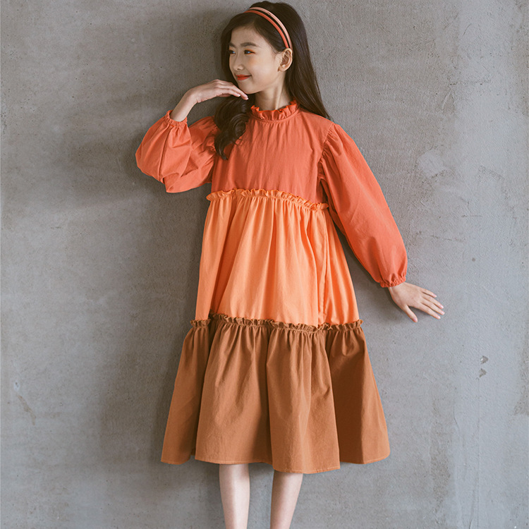 6 To 16 Yrs Big Kids Spring Color block Ruffle Teenage Girl Patchwork Loose Dress 2021 New Korean Children Cotton Clothing alx