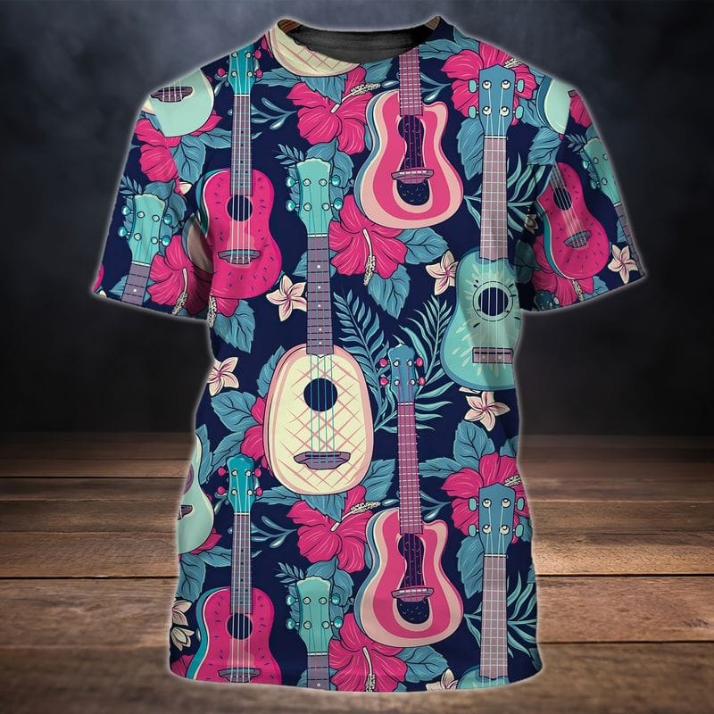 3D Full Printed Guitar Shirts, Unisex Guitarist T Shirt Floral Pattern Guitar Shirt