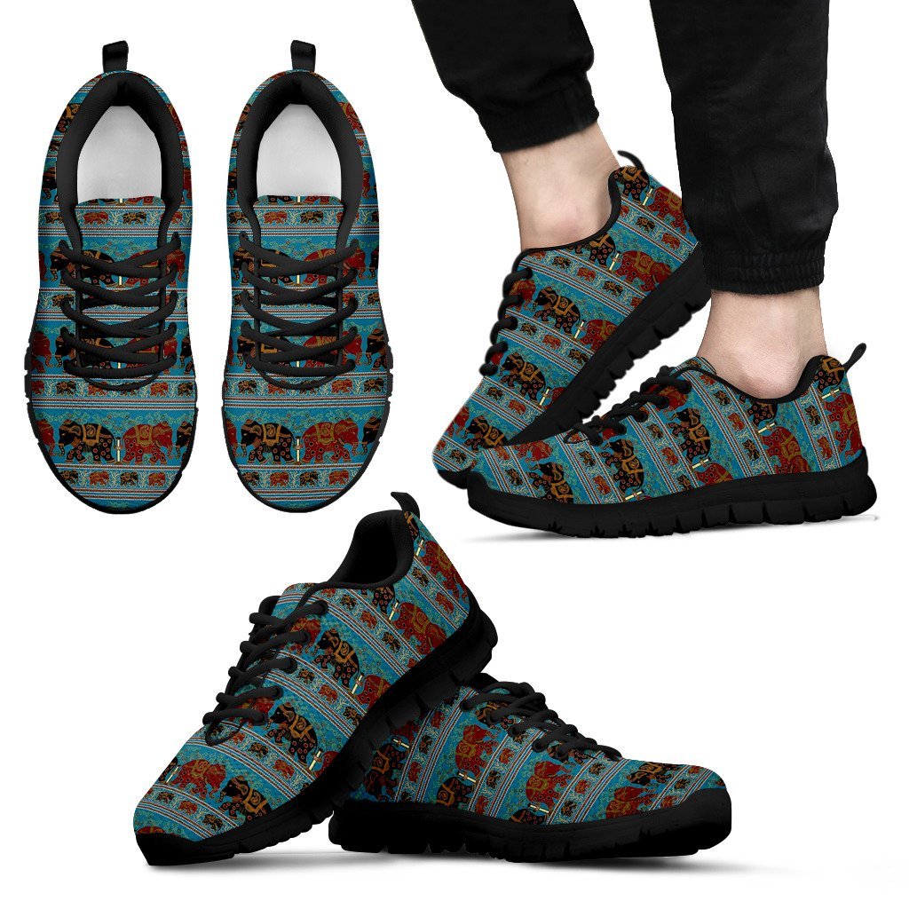 Tribal Elephant Print Black Sneaker Shoes For Men Women