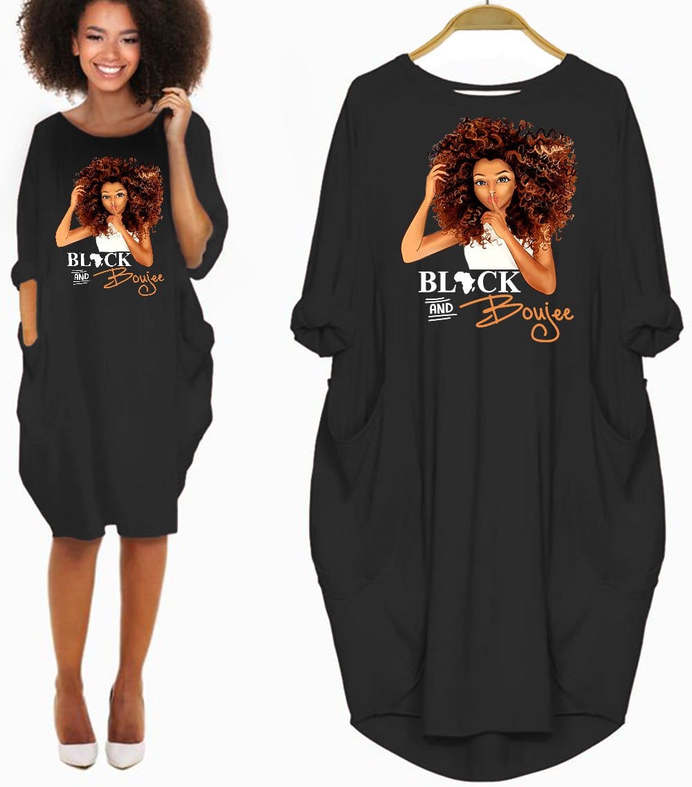 African American Dresses Women Black And Boujee Melanin Long Sleeve Pocket Dress Afrocentric Fashion For Girl Black History Gift Ideas