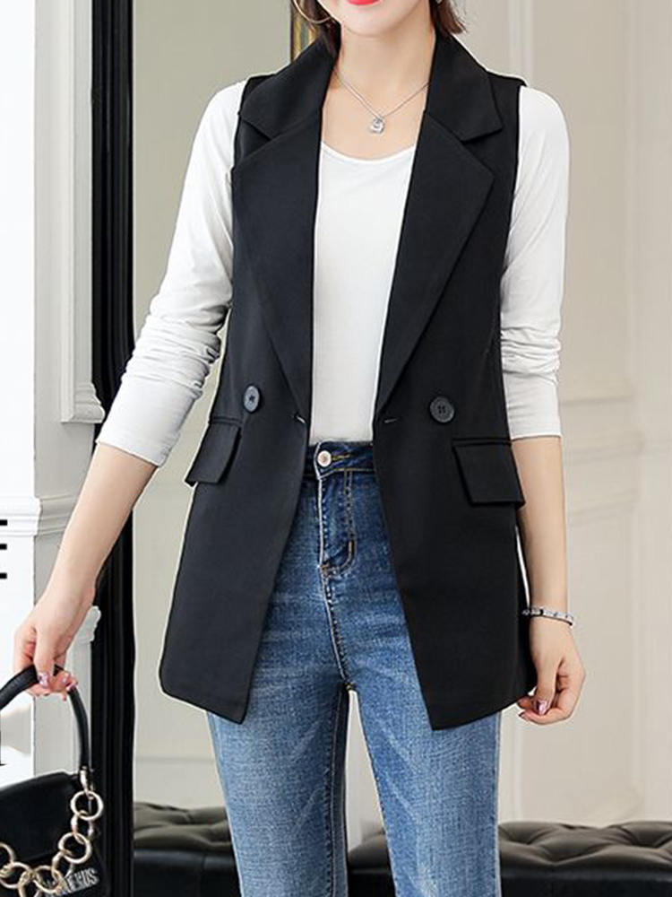 Aelegantmis Office Lady Long Casual Vest Women Classic Loose Black Pocket Waistcoat Woman Elegant Slim Sleeveless Outerwear Chic alx