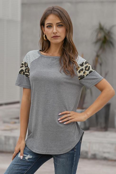 Breanna Women’S Round Neck Short Sleeve Striped Leopard Print T Shirt Tops Gray