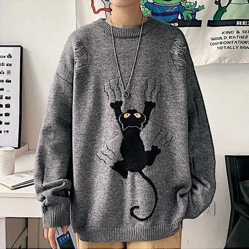 Women’s Hong Kong Style Hip Hop Sweater Cartoon Casual Loose Knit Pullover Autumn Winter Sweater Couple Unisex Design alx