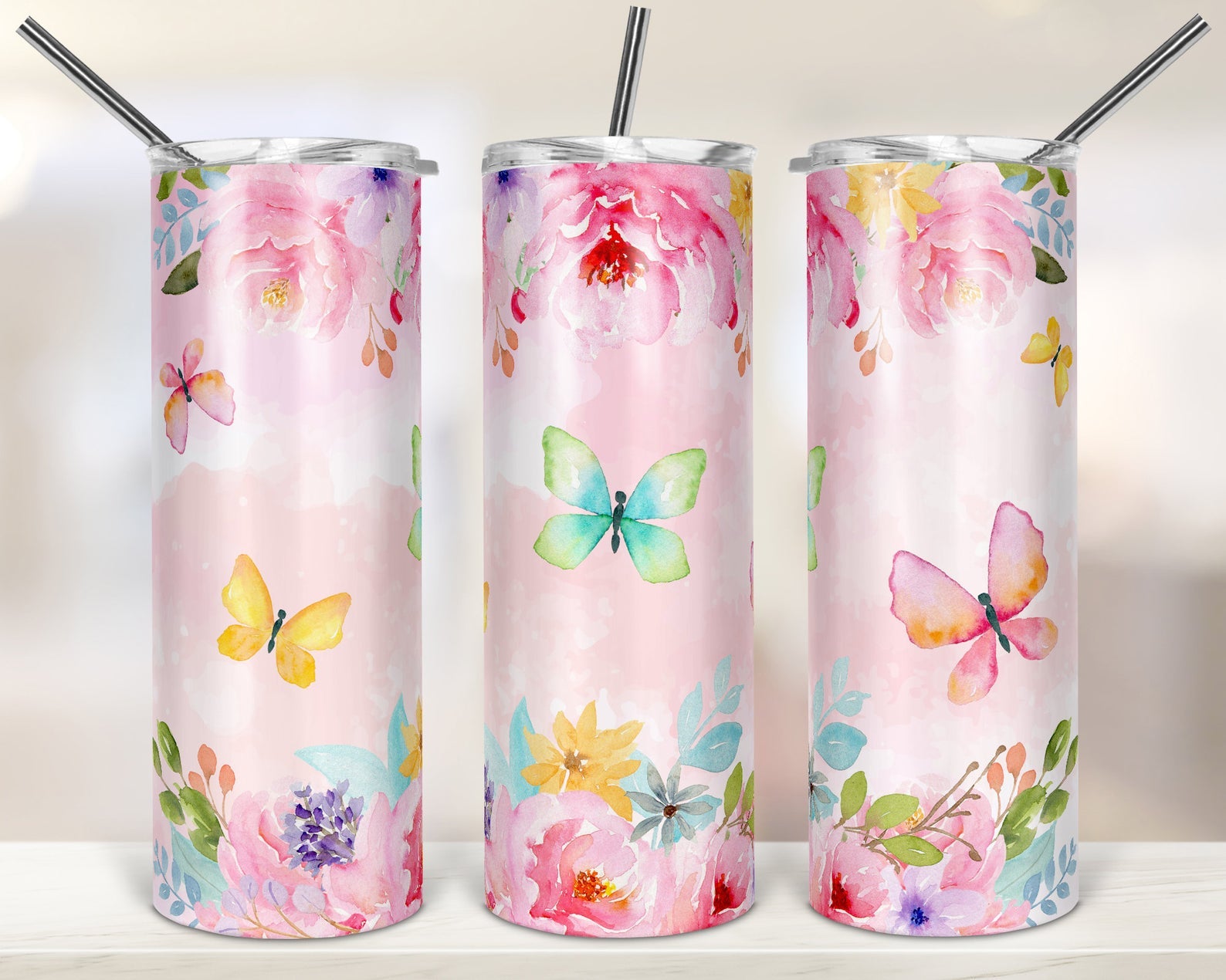 Wood Butterfly Flower, Floral Tumbler 20Oz Skinny Tumbler