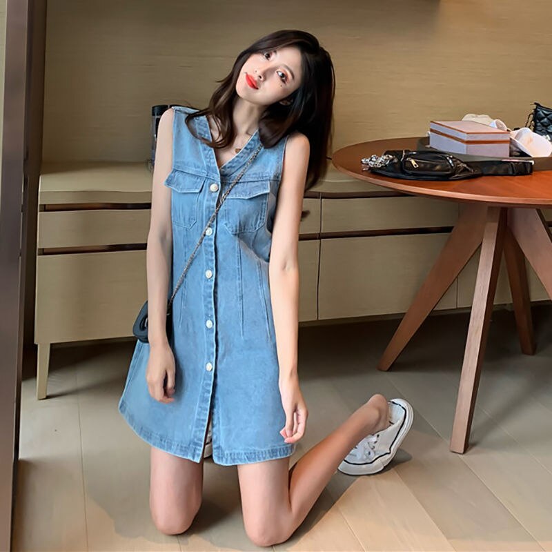 Women Denim Strap Dress Blue Vintage Baggy Sleeveless Slim Preppy Students Daily All-match Mid-calf Dresses Female Chic Simple alx