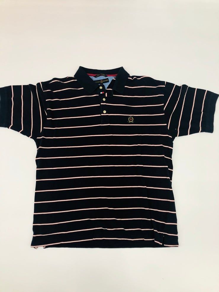 Vintage Tommy Hilfiger Polo Vertical Stripes Navy Blue Red Top Golf Shirt