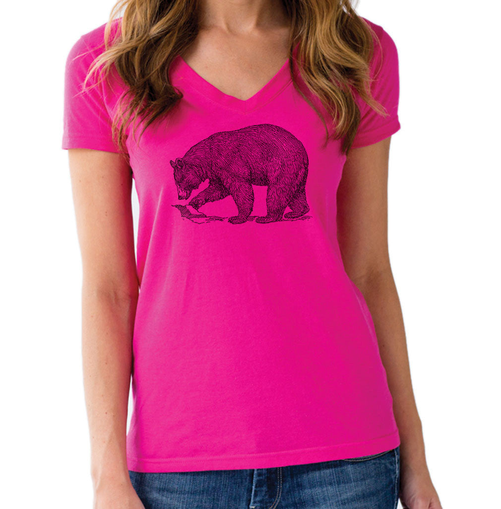 Women’S Bear Vneck T-Shirt Vintage Illustration