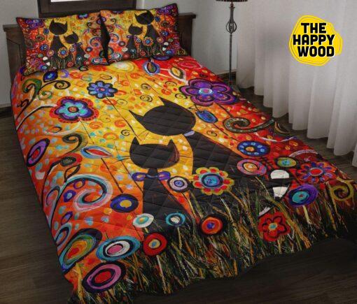 Cat Couple Flower Oil Paint Quilt Bed Set And Pillow Covers