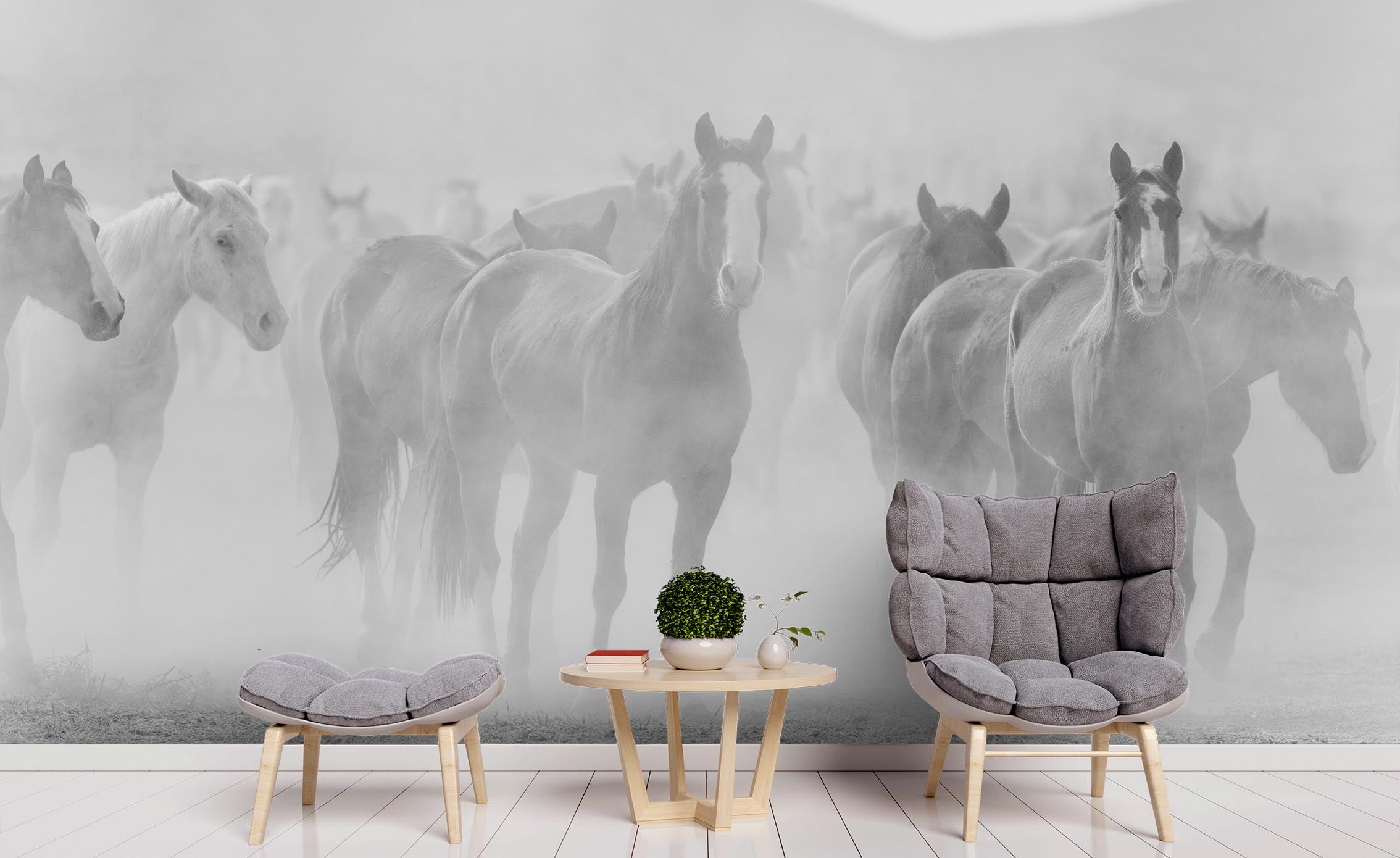 3D Black White Grassland Animals Horse Running Wall Mural Wallpaper Zy D10