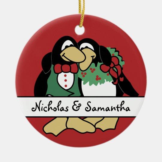 Personalized Ornament Cute Penguins First Christmas Together Name & Year Customized Circle Ornament