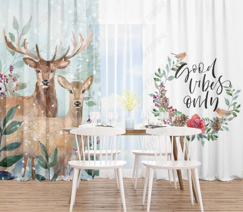 3D Hand Drawn Forest Animal Elk Floral Curtains And Drapes Lqh 207