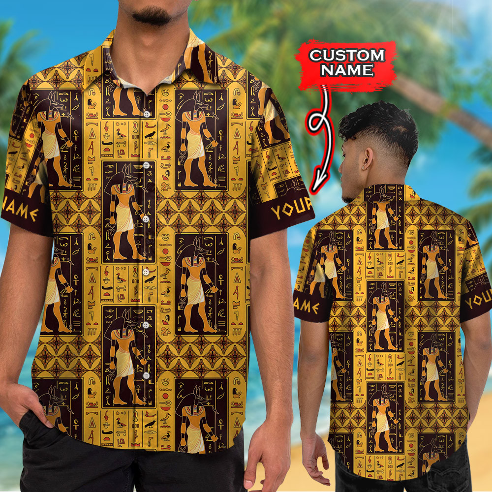 Anubis And Ancient Egyptian Hieroglyphs Customized All Over Print Hawaii Shirt Ha64376