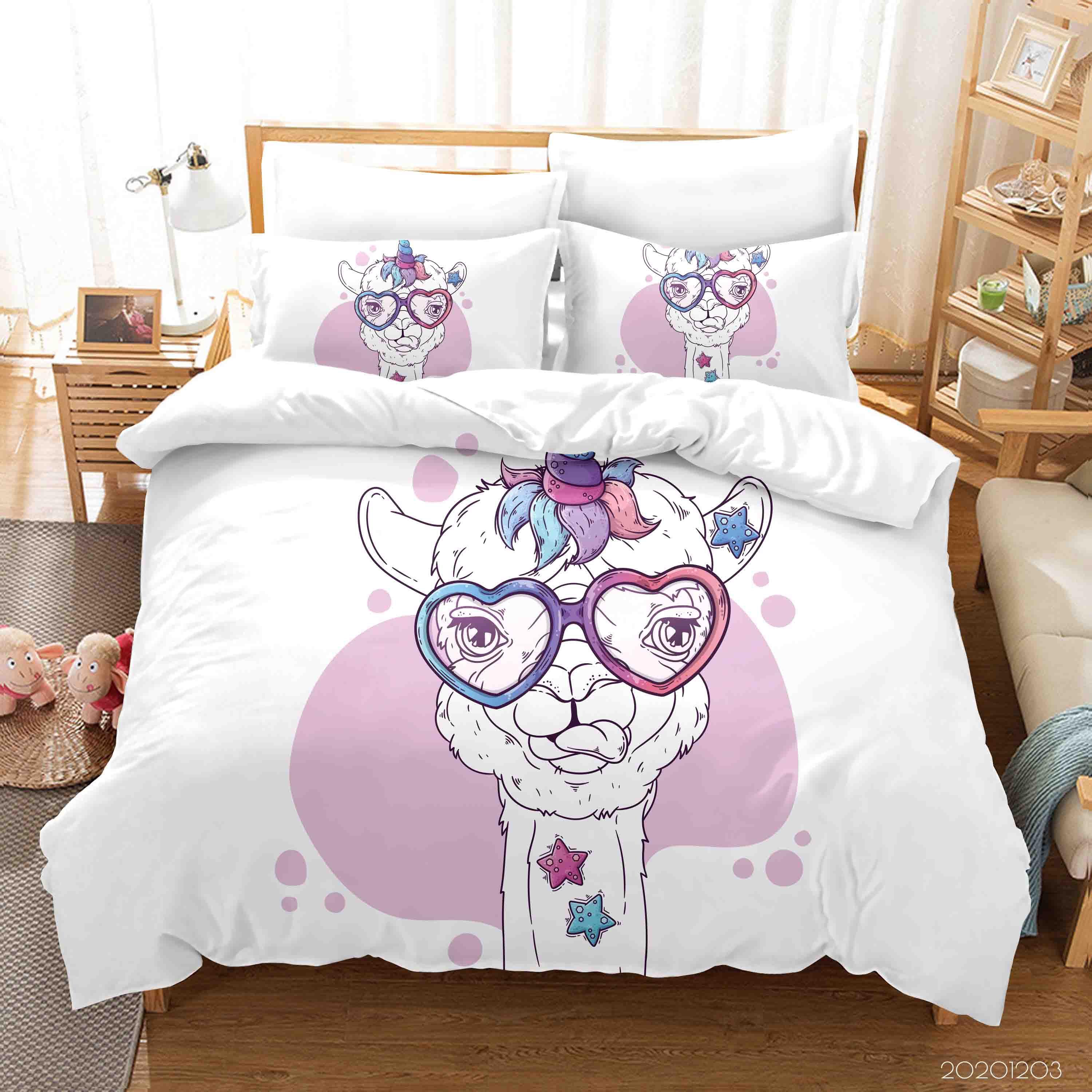 3D Cartoon Colorful Glasses Unicorn Alpaca Animal Pink Quilt Cover Set Bedding Set Duvet Cover Pillowcases Lxl