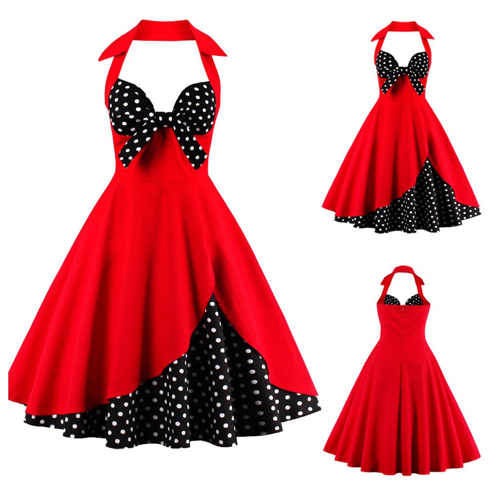 Women’s Vintage Polka Halter Dress Floral Sping Retro Cocktail Dress alx