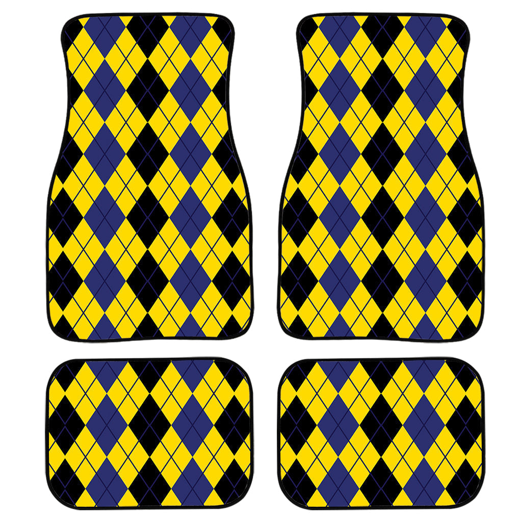 Black Blue And Yellow Argyle Print Front And Back Car Floor Mats, Front Car Mat