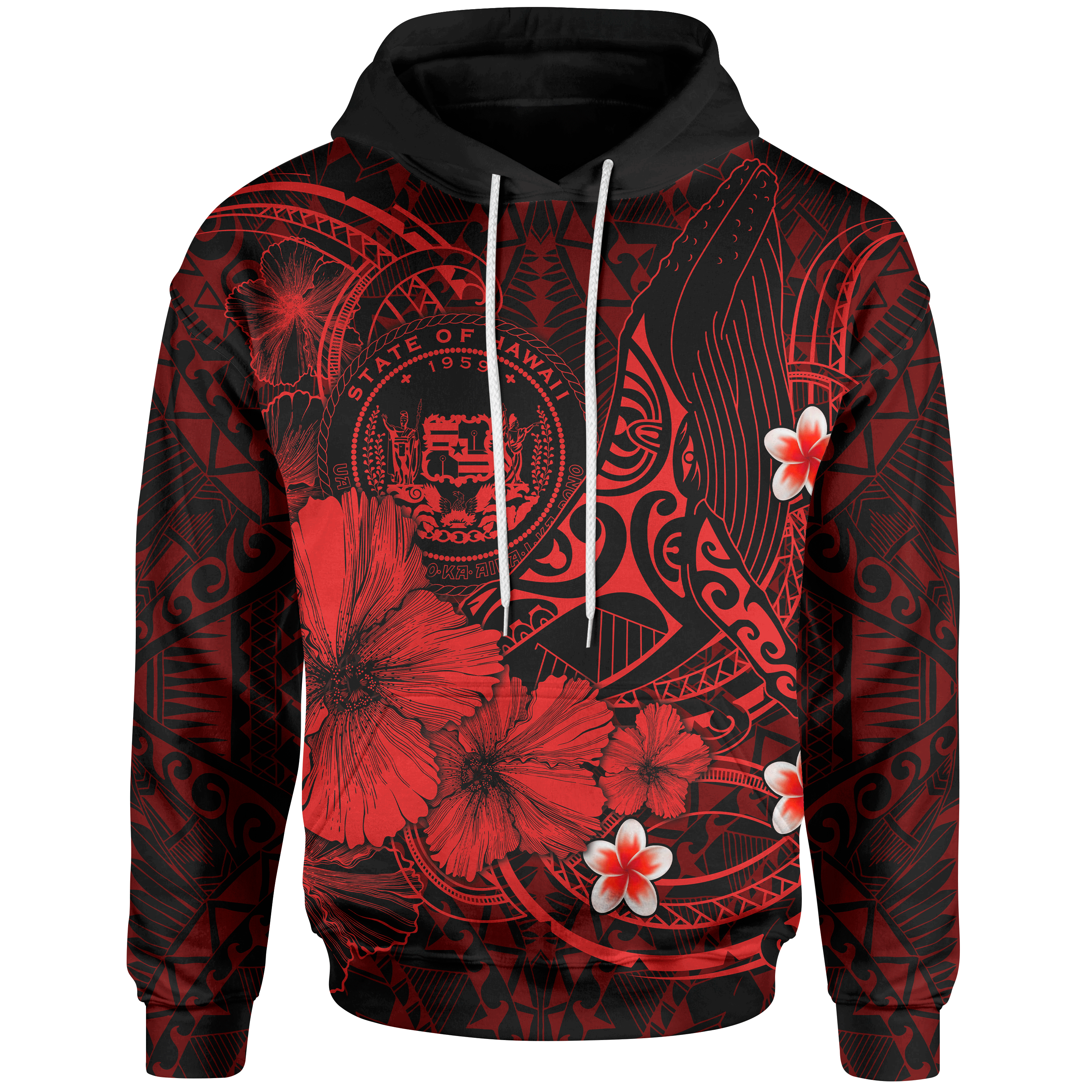 Polynesian Hawaii Hoodie – Humpback Whale With Hibiscus (Red)