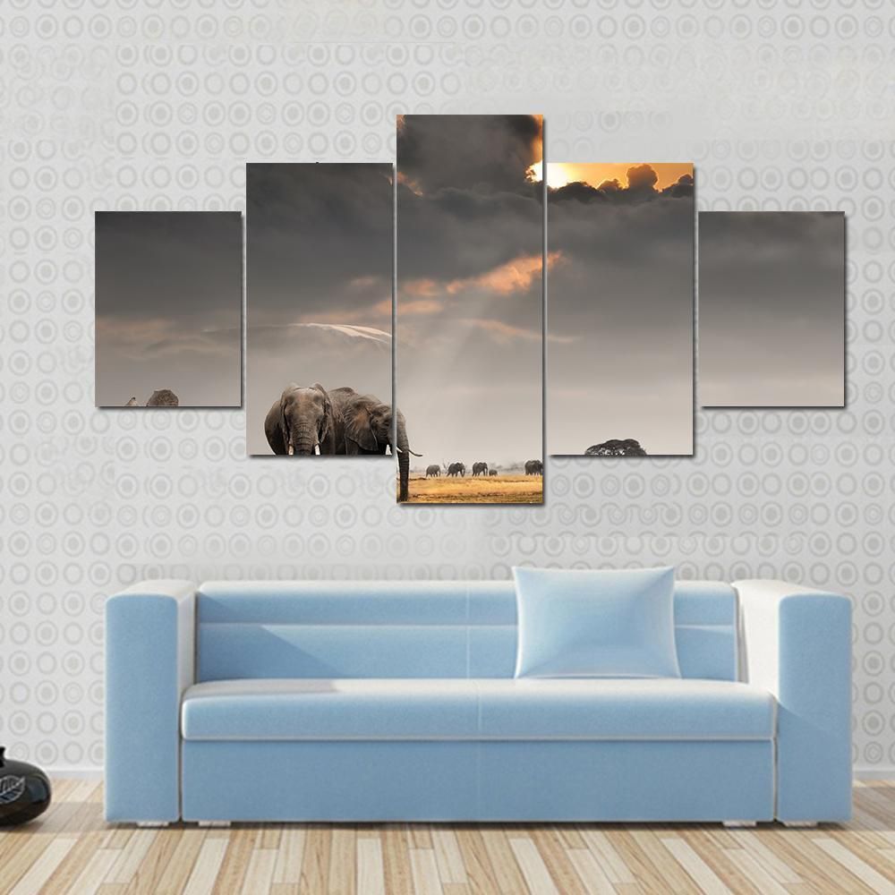 African Sunset With Elephants, Kilimanjaro Mountain Animal 5 Panel Canvas Art Wall Decor