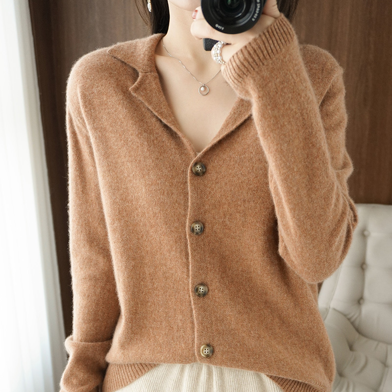 100% Autumn and Winter Wool Cardigan Women’s Fashion Jacket Temperament Suit Collar Ladies Tops Fitted Knit Outer Tower Sweater alx