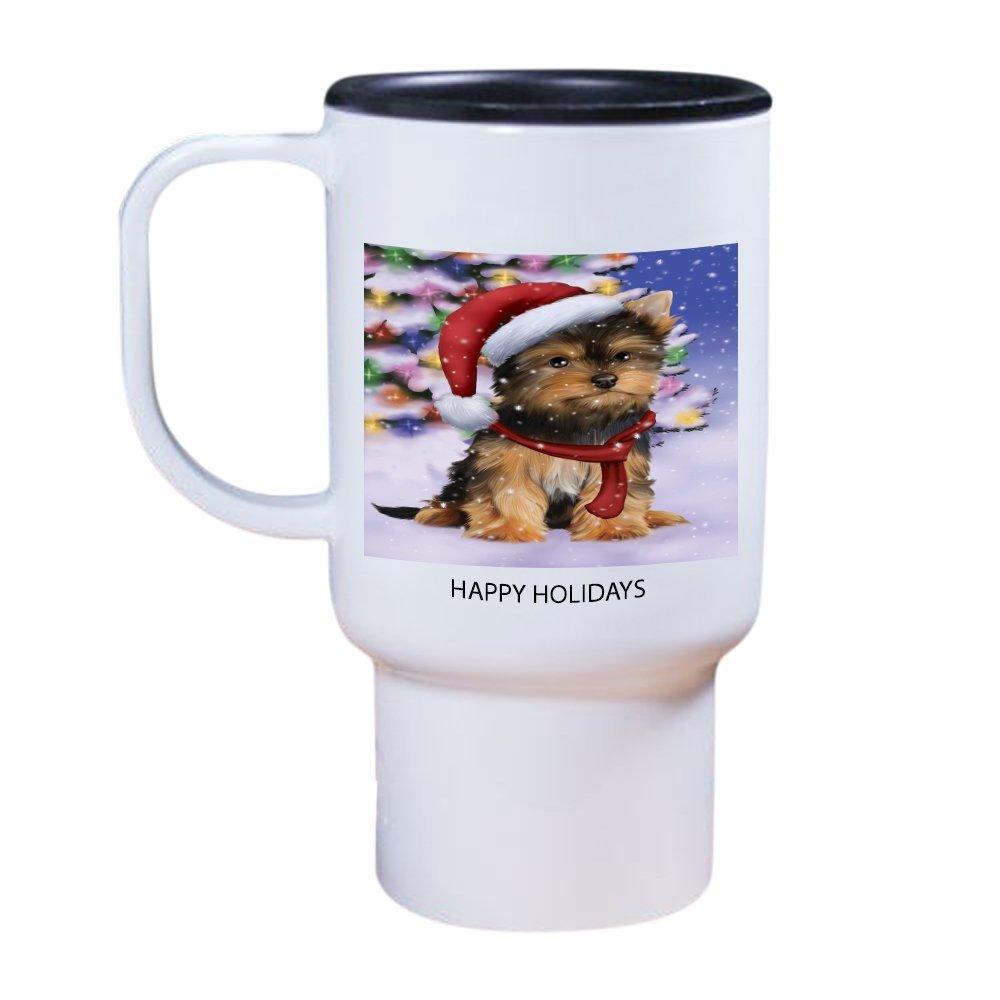 Winterland Wonderland Yorkshire Terriers Puppy Dog In Christmas Holiday Scenic Background Travel Mug