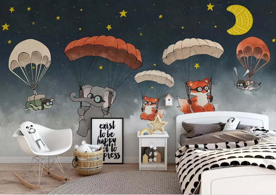 3D Kids,Animals, Night , Parachutes Wallpaper-Nursery